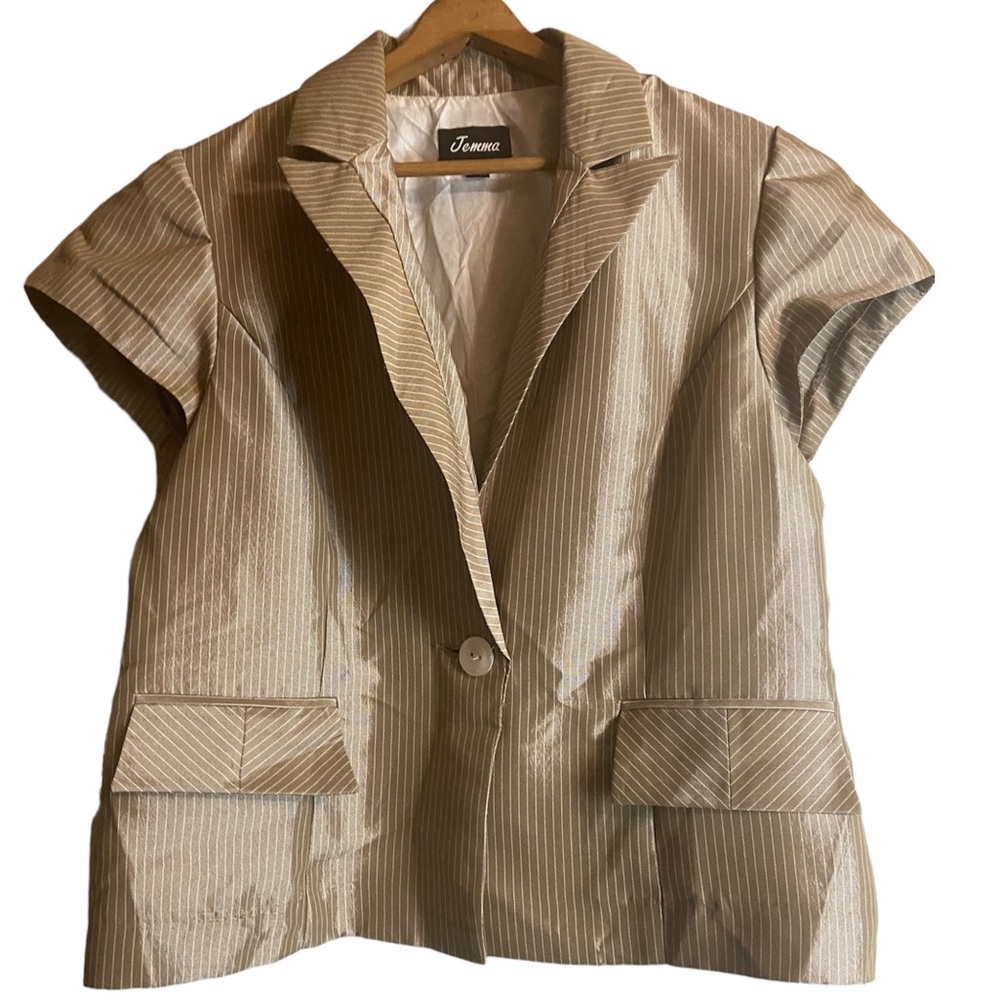 Jenna short sleeve collared buttoned pinstripe tan white blazer jacket 10